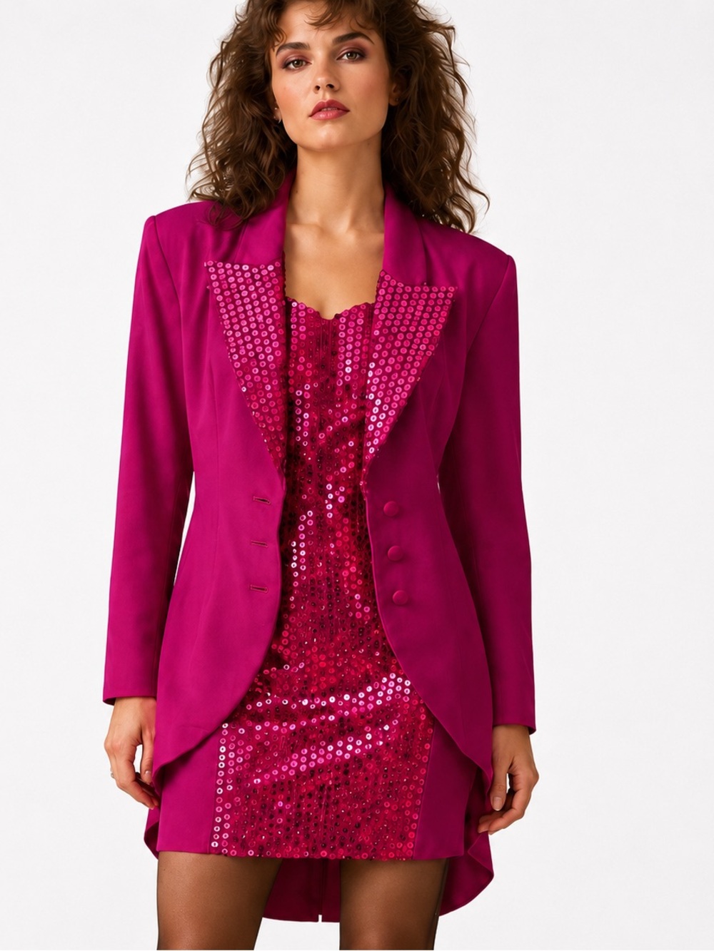Vintage 80s By Night Fuchsia Sequin Mini Dress & Longline Blazer Set Sz 5 Small